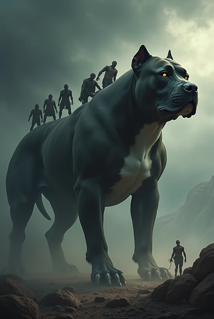 A gigantic powerful destructive god-like muscular pitbull carrying 6 humans on its back
