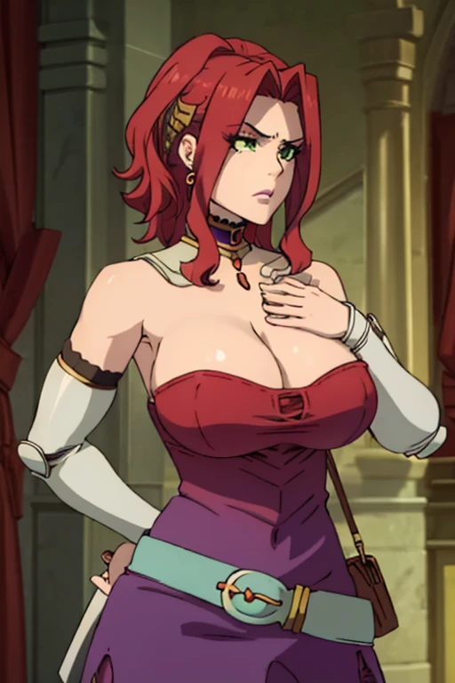 Malted Melromac, Upper body, 1 girl, Red jewelry, Green Eyes, Red hair, Steel Armor, belt, Neckline, Bare shoulders, Purple skirt,Large Breasts, Huge breasts, Large Breasts, Huge breasts, Microdress is bigger than heat, bodycon, eyes lashes, cleavage, navel, corruption, (o-ring), choker, jewelry, earrings, necklace, holding a gun, holding, handgun, big breasts, huge breasts, masive breasts, enormous breasts, nipples