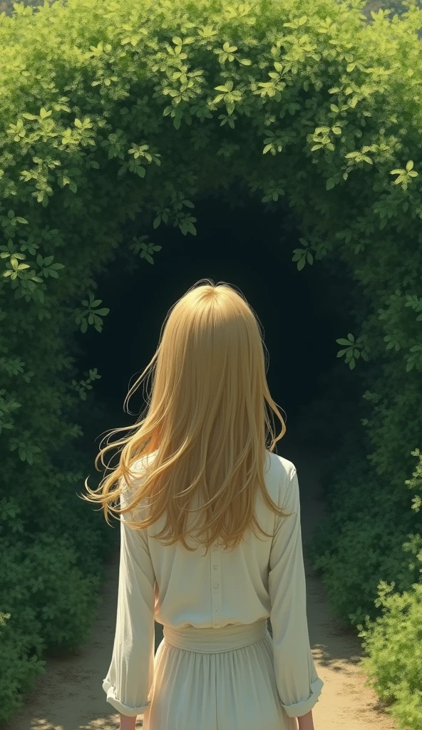 A girl moving towrds bushes wearing white shirt with olen hair