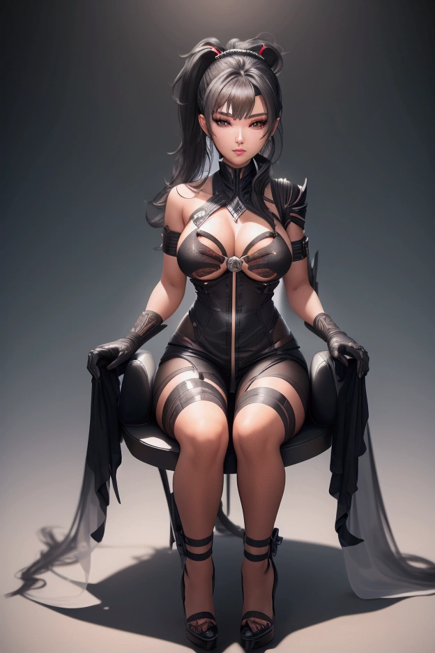 Eve, stellar blade, 8k,highres, 1girl, front lighting, simple background, gray background, looking at the viewer, bodysuit, black hair and dark black hair, fringe, hair tied in ponytail style, video game, heels, gloves, , honey colored eyes, white skin, korean, She has straight bangs that frame her face, Her deep, captivating black eyes contrast with her soft