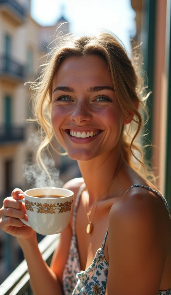 20 year old woman, instagram influencer, white skin with freckles, smile of frank happiness, blue eyes, Having a coffee on a balcony in Barcelona