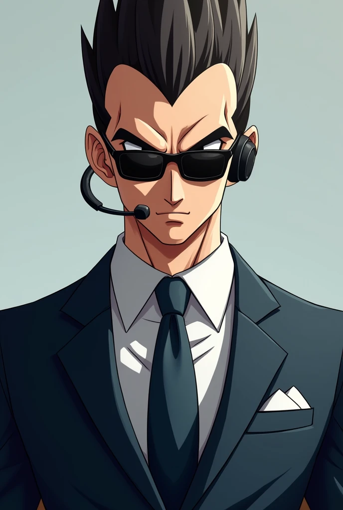 image of Vegeta from Dragon Ball Z with his face looking forward showing from the shoulders up the character with a suit and tie and sunglasses and a Bluetooth headset on the right side of his face