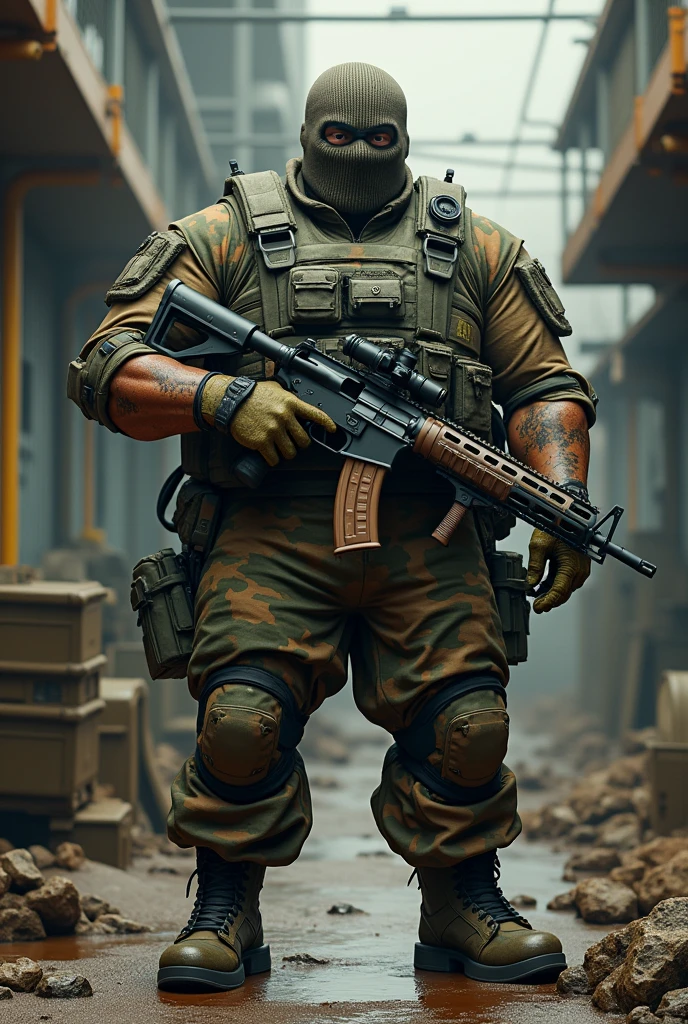 8k ultra realisitic, A white man. Heavy Infantry Army Soldier(ultra reslista). He wears a camouflage balaclava . Muscular and corpulent physique of 2,30 meters high(Realist 8K). He wears a Brazilian army uniform and wears a 6b43 full-body war vest.(Realist 8K). he uses a lot of heavy equipment on it(detailed relist 8k). he is in a barracks. He holds a MK3 machine gun(camouflaged). Ele se assemelha a um juggetnaut. Ballistic protection on the shoulder(ultra realisitic)(camouflaged). ballistic groin protection(ultra realisitic)(camouflaged). Ballistic protection on the neck(ultra realisitic)(camouflaged).