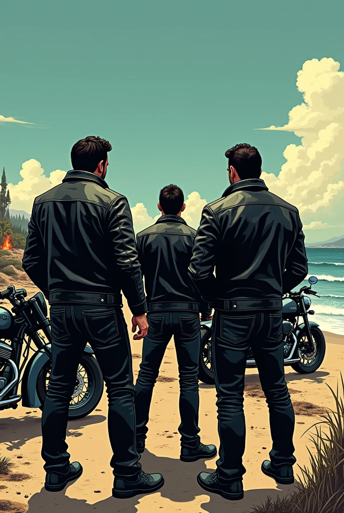 Image style Bande dessinée, with bikers back view, dressed in black leather without logo, next to their bobber and chopper style motorcycles, on the beach with campfires near their HQ 