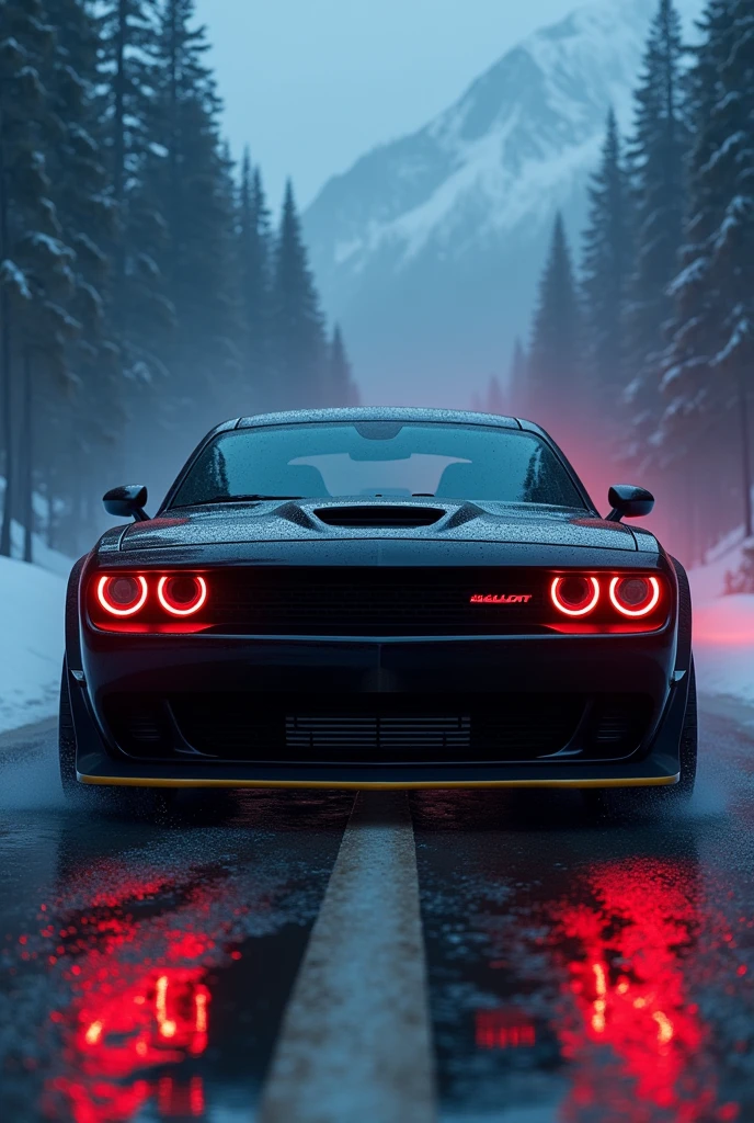 Dodge challenger hellcat front with scary red headlights at alaska with scary blue and red lights at night and foggy in portrait