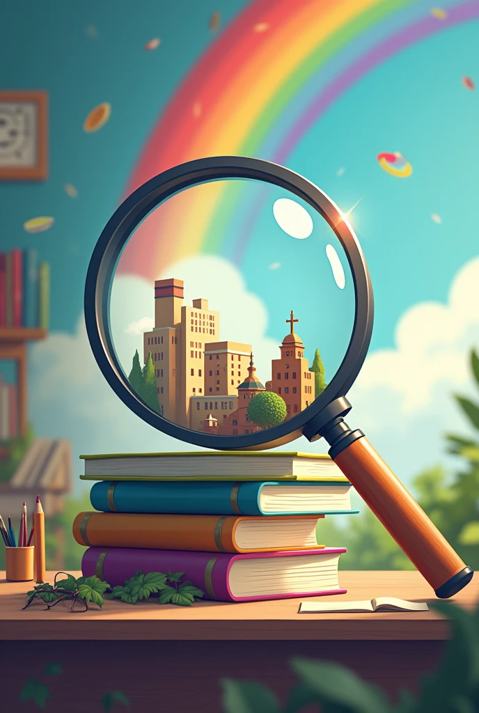 Inside a magnifying glass represents learning and studying at school, that includes books outside the magnifying glass and a rainbow