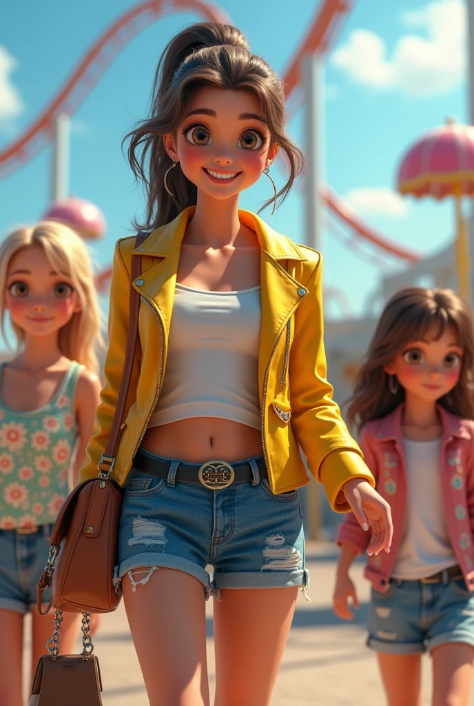 Fille cheveux attaché veste cuir jaune mini short jean grand sac a main, she is with her daughters, they are on a roller coaster