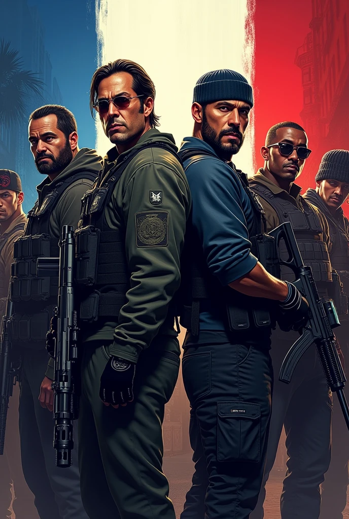 Create a profile picture with name "brotherhood" in the spotlight. The image should feature characters inspired by the game GTA V and FiveM, all armed and in action. Divide the characters into two groups: one with clothes reminiscent of France and the other with clothes reminiscent of Japan. The background should reflect an atmosphere of unity and collaboration. add text "FRANCE BY BMF, BMF FOR FRANCE AND GOD FOR US" in an imposing and clearly visible fountain.
