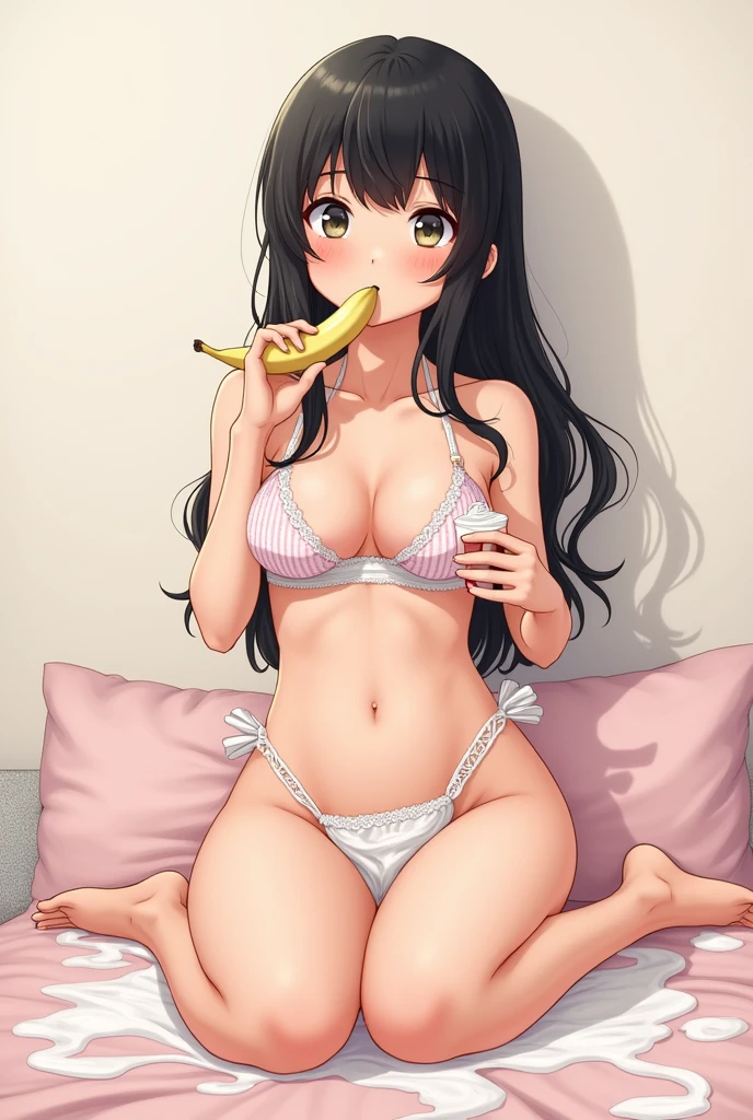 1 girl, nude, whipped cream covering her  privates,  sitting with legs wide open, sexual facial expression, eating a banana, very big breast , perfect body, perfect thick legs, sexual, long black hair, manga style, plain background
