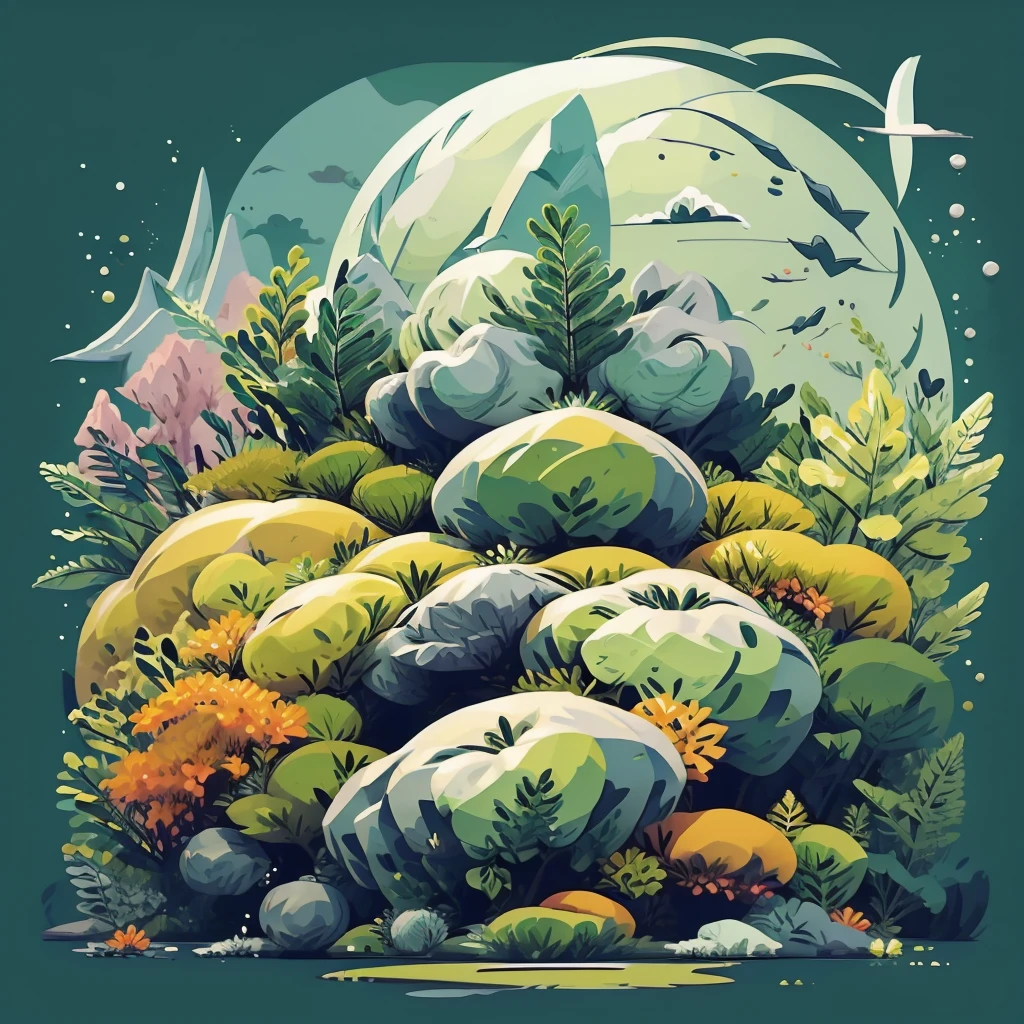 planet, galexy, 2D, mostly using color code dark green and mustard palette, dark gray green, dark green mustard pastel color, using very little dark green warm colors with tonal combination With green and mustard color, dark gray green