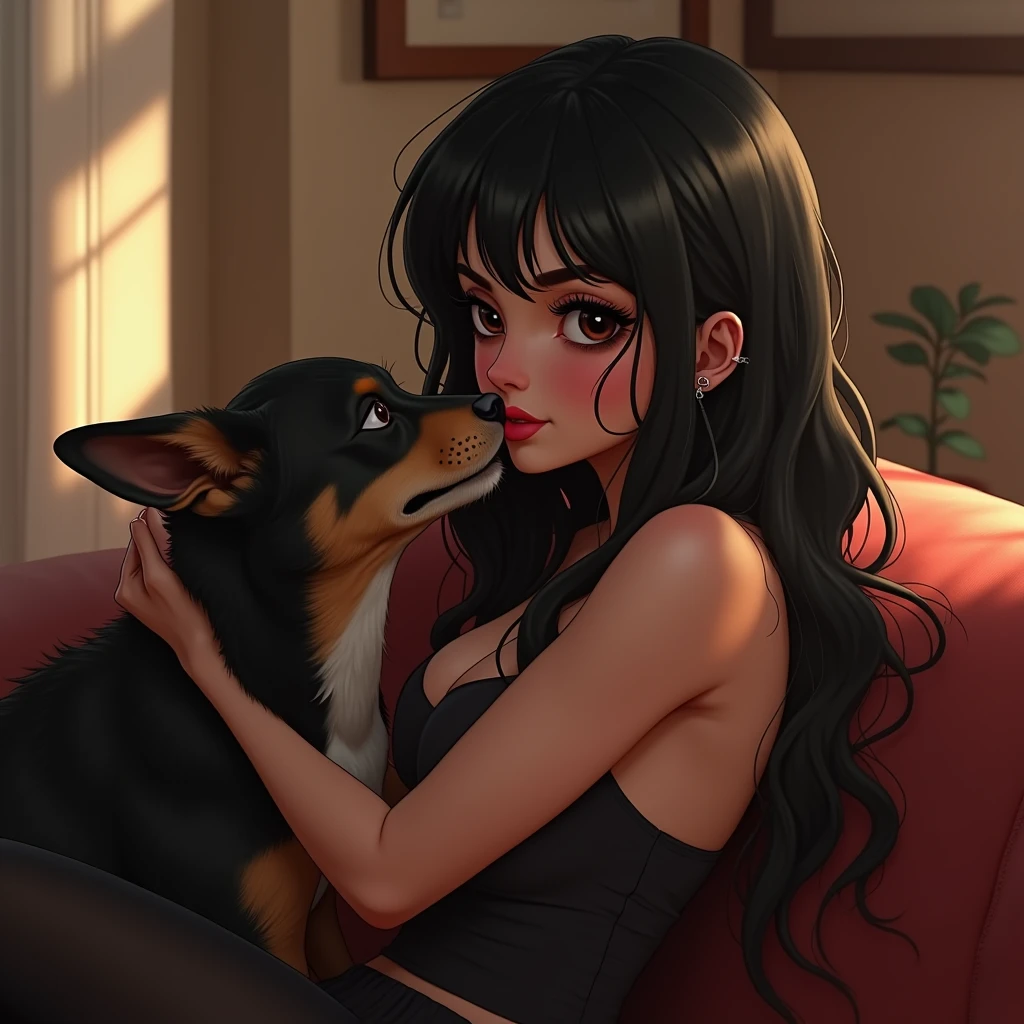 a young blackheaded woman, perfect curves, big booty, yoga in living room, making the dog, tight sportswear, detailed face and body, beautiful detailed eyes, beautiful detailed lips, extremely detailed eyes and face, long eyelashes, (best quality,4k,8k,highres,masterpiece:1.2),ultra-detailed,(realistic,photorealistic,photo-realistic:1.37),HDR,UHD,studio lighting,ultra-fine painting,sharp focus,physically-based rendering,extreme detail description,professional,vivid colors,bokeh,portrait,photography,warm color tones,natural lighting