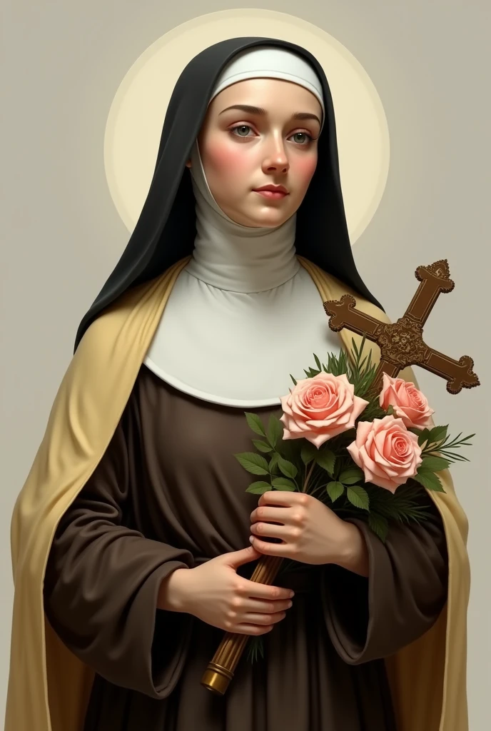 Generates an image of Saint Therese, dressed in a brown habit, black veil,  a light yellow cloak over the habit, a religious nun, holding a bouquet of roses and a crucifix. she is portrayed with a contemplative expression, reflecting his deep spirituality and communion with God, she has on average 24