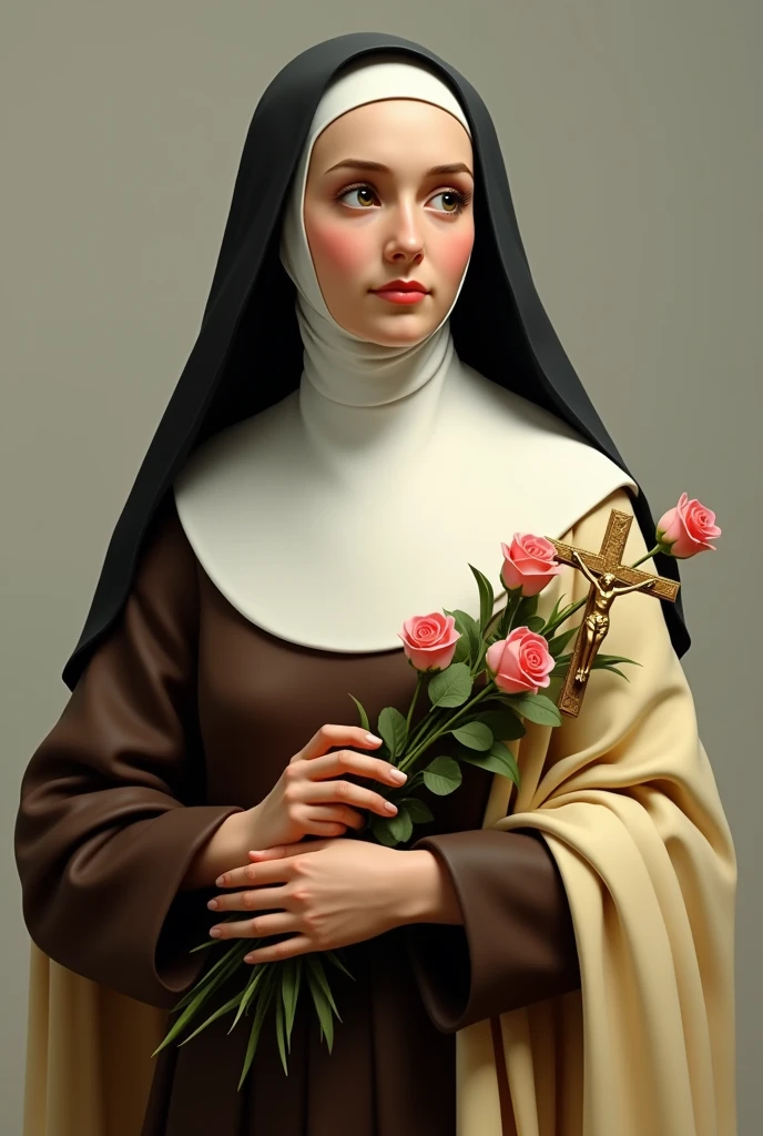 Generates an image of Saint Therese, dressed in a brown habit, black veil,  a light yellow cloak over the habit, a religious nun, holding a bouquet of roses and a crucifix. she is portrayed with a contemplative expression, reflecting his deep spirituality and communion with God, she has on average 24