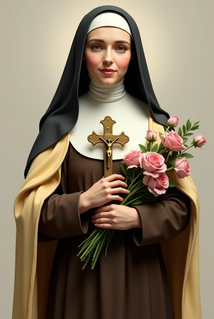 Generates an image of Saint Therese, dressed in a brown habit, black veil, a light yellow cloak over the habit, a religious nun, holding a bouquet of roses and a crucifix. she is portrayed with a contemplative expression, reflecting his deep spirituality and communion with God, she has on average 24