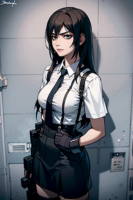 anime - uniform style woman posing with gun in hand, Tifa Lockhart, Seductive Portrait of Tifa Lockhart, Portrait of Tifa Lockhart, Tifa Lockheart, Portrait of Tifa Lockhart, mayuri shiina from steins gate, black photo, uma hyperrealistic moon, Tifa, Anime Girl Cosplay, hyperrealistic moon,  anime in real life