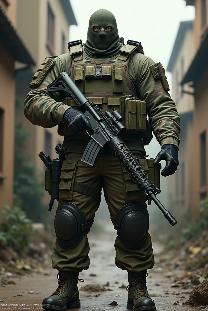 8k ultra realisitic, A white man. Heavy Infantry Army Soldier(ultra reslista). He wears a camouflage balaclava . Muscular and corpulent physique of 2,30 meters high(Realist 8K). He wears a Brazilian army uniform and wears a 6b43 full-body war vest.(Realist 8K). he uses a lot of heavy equipment on it(detailed relist 8k). he is in a barracks. He holds a MK3 machine gun(camouflaged). Ele se assemelha a um juggetnaut. Ballistic protection on the shoulder(ultra realisitic)(camouflaged). ballistic groin protection(ultra realisitic)(camouflaged). Ballistic protection on the neck(ultra realisitic)(camouflaged).