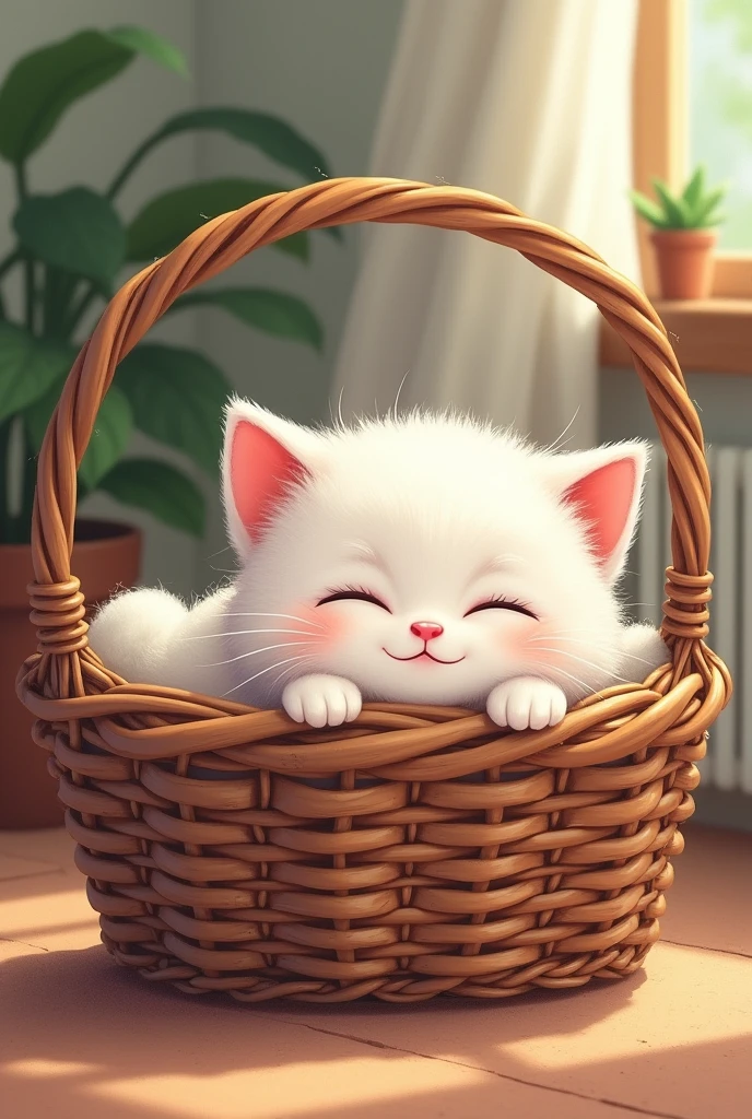 Un petit chaton tout blanc avec les yeux fermés. Un petit museau rose dans un joli panier en osier ayant un coussin étant en train de dormir ayant leur paisible dans un style graphique. Bande dessinée 2D le panier doit sembler être à l'intérieur d'une maison les traits de crayon doivent être perceptibles et les couleurs plutôt vives