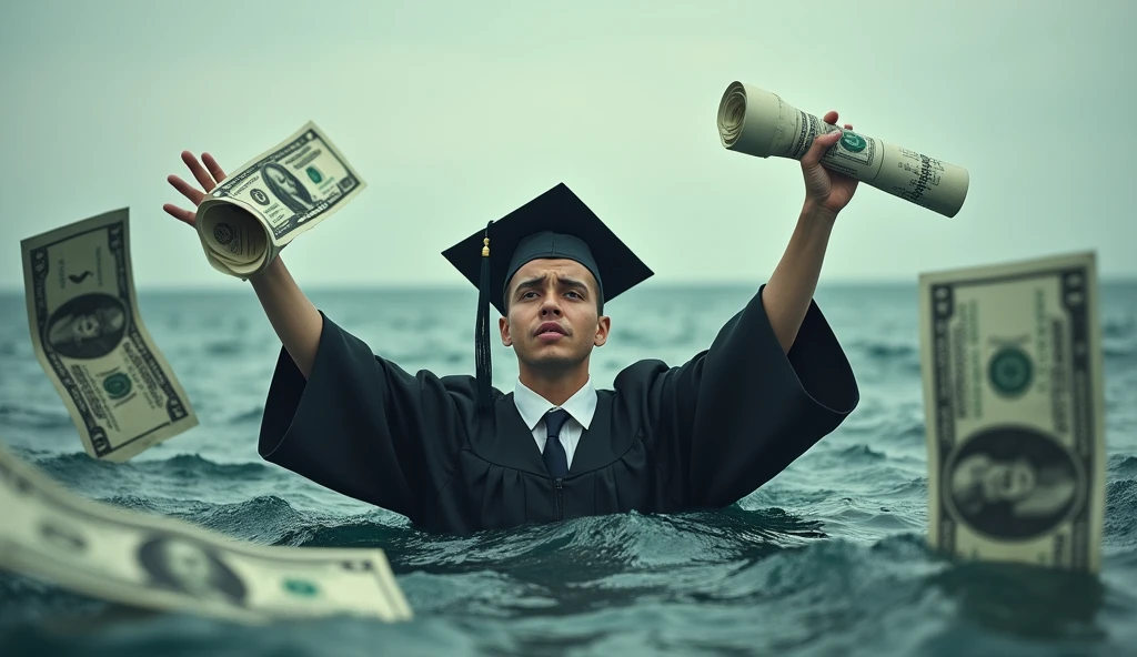 ."A young graduate drowning in student loan debt"
A person in a graduation cap and gown struggling to swim in an ocean of oversized dollar bills labeled “Student Loans,” while holding a diploma above their head.