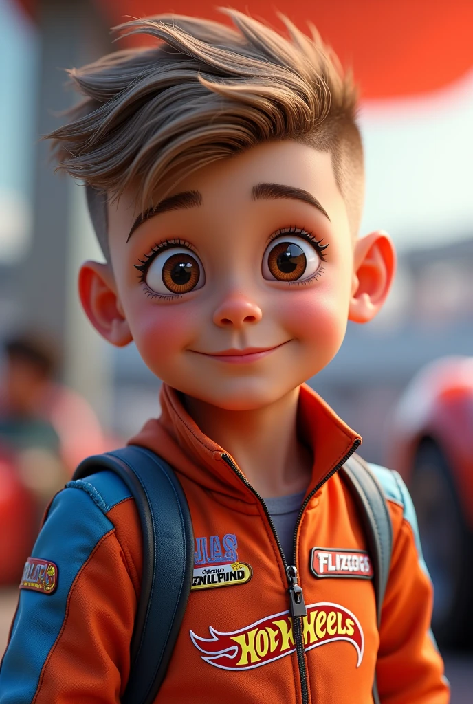 Create an image of a  boy, with beautiful face, big brown eyes, hair shaved on the sides and short on top, light brown color, beautiful smile with semi-thin lips, hotweels racing racer dress with a logo that says "lucas protagonist" 