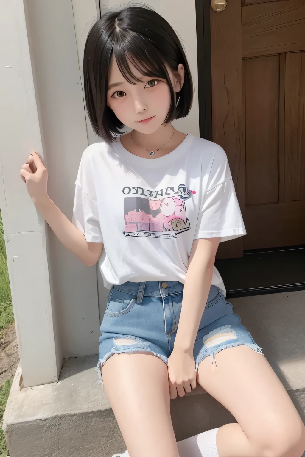 Very short, tight, And skinny denim shorts、beautiful girl.,She is cute and pretty like an idol..,She is pure and innocent.,She is wearing a T-shirt,High socks and sneakers.Japanese,Black short bob,A shy smile