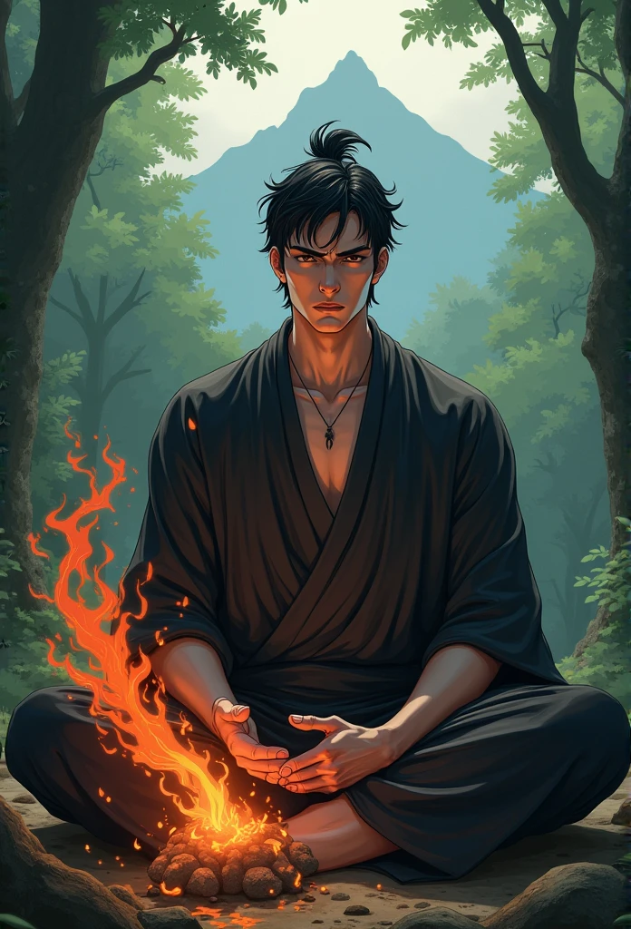 A brooding and mysterious man with a tragic past. He possesses incredible control over the element of fire but keeps it hidden from the world. anime poses relaxing