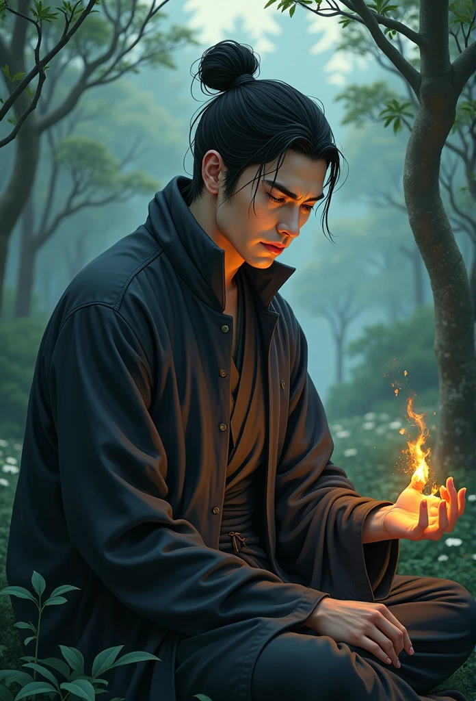 A brooding and mysterious man with a tragic past. He possesses incredible control over the element of fire but keeps it hidden from the world. anime poses relaxing