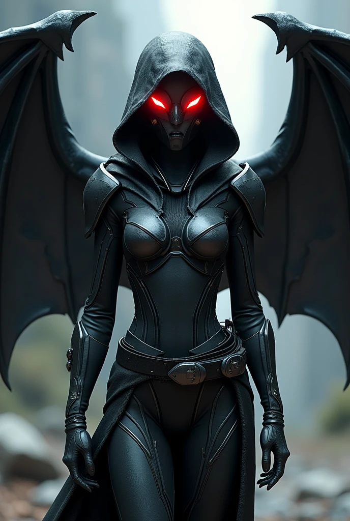 girl, a black and gunmetal grey combat suit with a cowl that covered her head and face, wearing half-moon goggles with illuminated red lenses. she has wings that were 30 feet wide, like a wyvern's wings