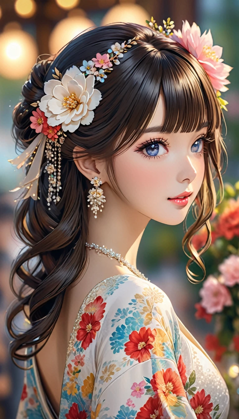 Wedding hairstyle with long hair, with flower hair clip and bangs, back view, 1 girl, One, flower, hair ornament, hair flower, I look at the viewer, Blurred background, Blurred, parted lips, Jewelry,HoloDayo XL