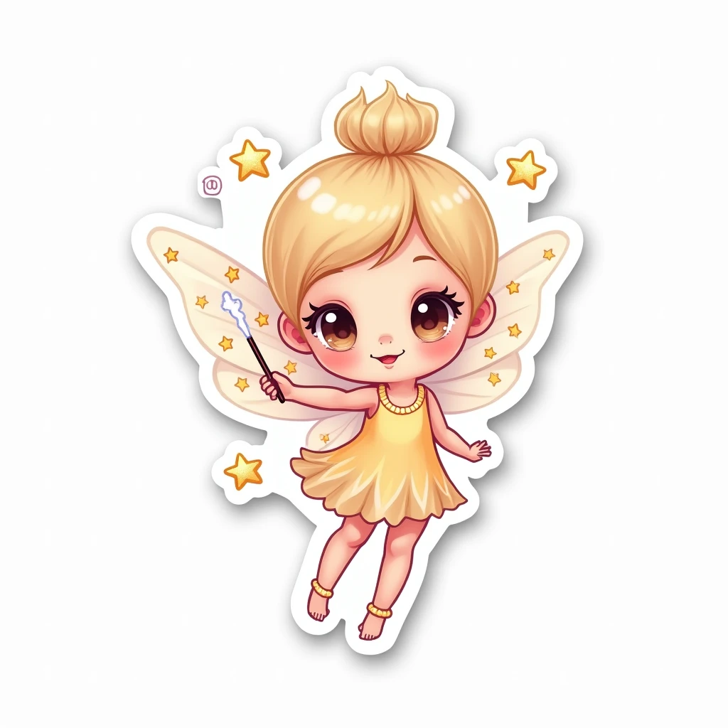 A sticker of a kawaii fairy floating with translucent wings and a magic wand in her hand, surrounded by little stars. The white border highlights its magical presence on the sticker.