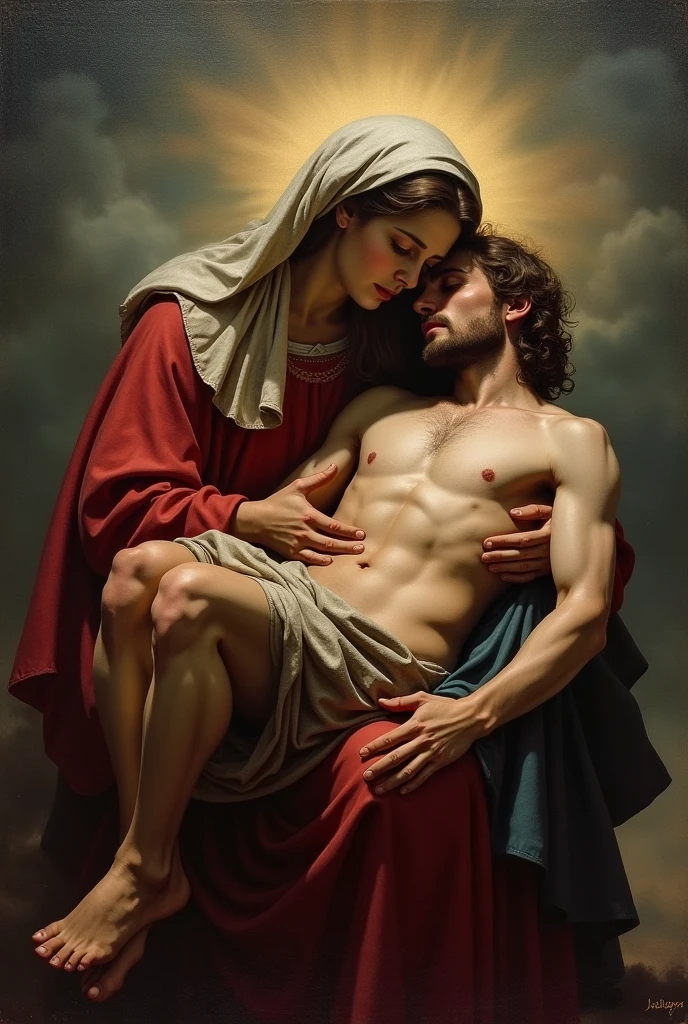 JESUS DEAD BLOODY IN THE ARMS OF MARY AND MARY SITTING ON A CLOUD IN THE SKY CRYING