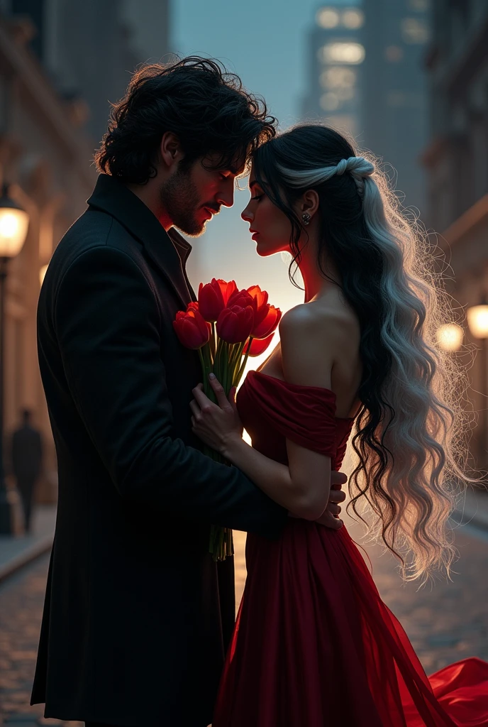 Black haired actor giving some tulips to a girl with black hair with long white hair in a very realistic dark red dress with a background of a city at night from behind REALISTIC
