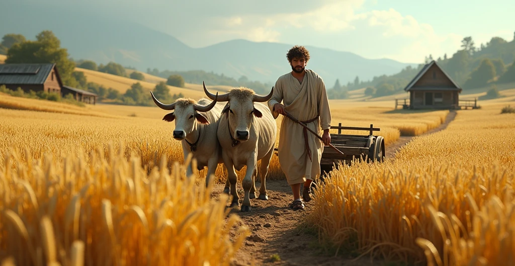 young Hebrew man plowing the land of his plantation with oxen around, wooden cart, wheat plantation with a wooden house and a cottage, landscape, biblical story, 4k