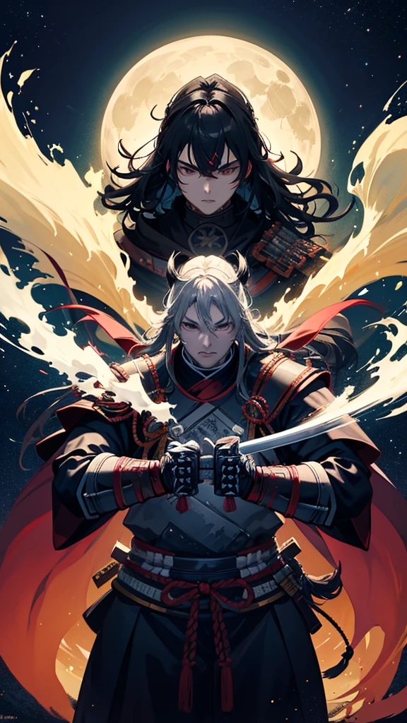 a highly detailed samurai warrior wearing dark armor, holding a sword and katana, masterpiece, strong male warrior, anime style, intense flowing energy from the sword, night sky with full moon, solo portrait, dramatic lighting