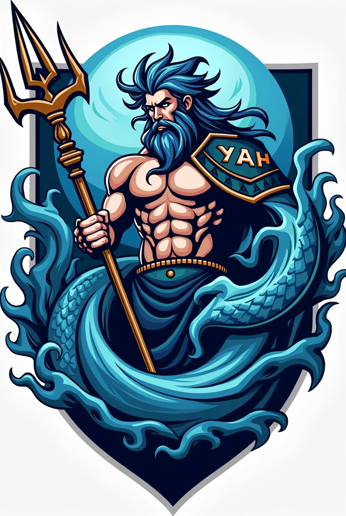 Create a team crest with the mascot being Poseidon, using leviathan team art as style 