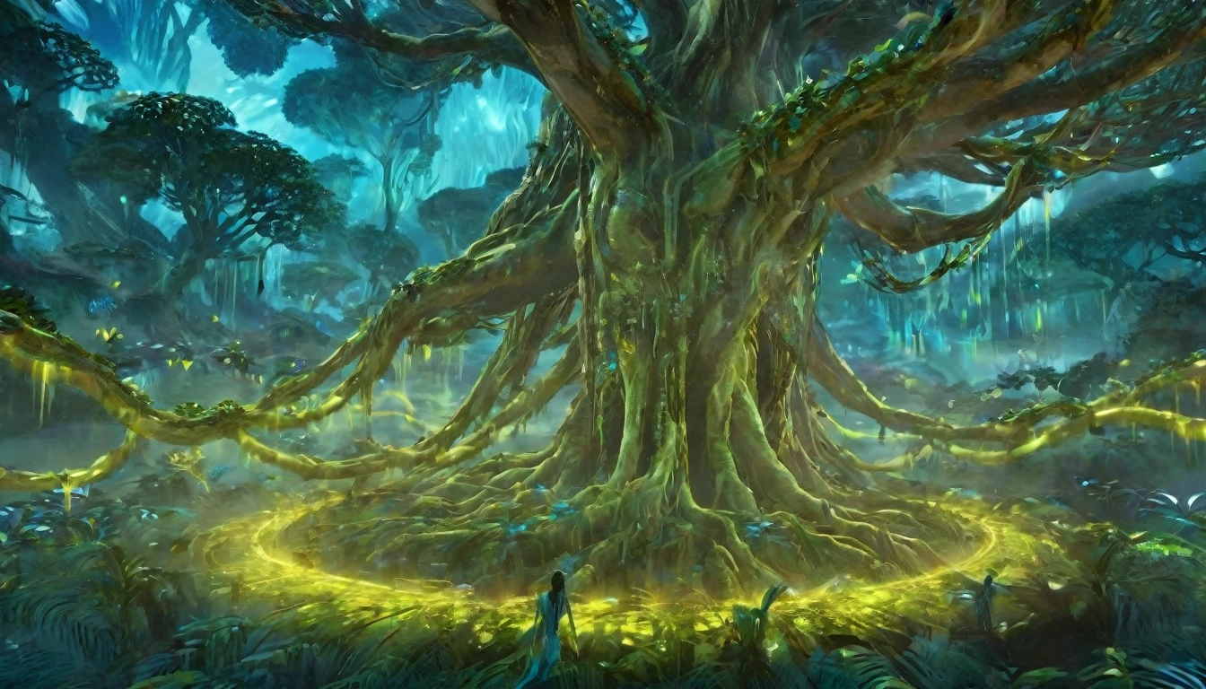  Na'vi Connecting with Tree of Souls

Description: The scene takes place at the sacred Tree of Souls, a massive, glowing tree surrounded by the Na'vi. The tree’s roots are luminescent, pulsing with a soft, blue light. The Na'vi sit in a circle, their eyes closed, connecting their queues to the tree’s roots. A soft, ethereal hum fills the air as they connect with Eywa, Pandora’s spiritual force. The camera focuses on a young Na'vi, their face serene and calm, as they experience the mystical connection.
Key Elements: Tree of Souls, glowing roots, Na'vi in a circle, soft blue light, ethereal hum, mystical connection.




