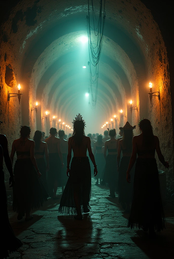 New Orleans underground at night with torches and people dancing to Voodoo