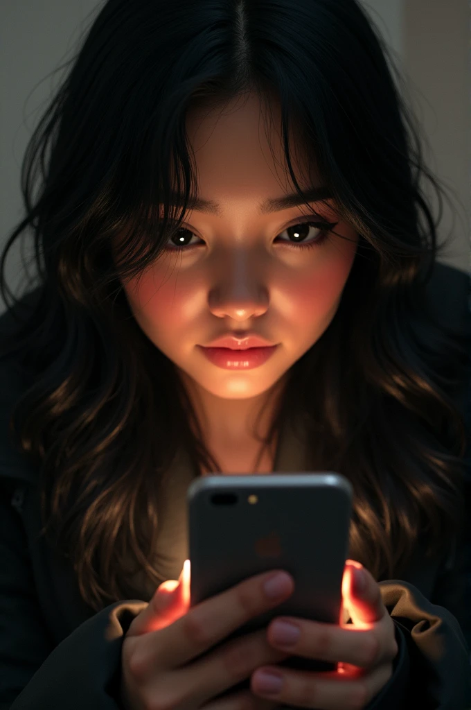 Create Latina Girl Photo, with beautiful face,black fur, looking at his phone