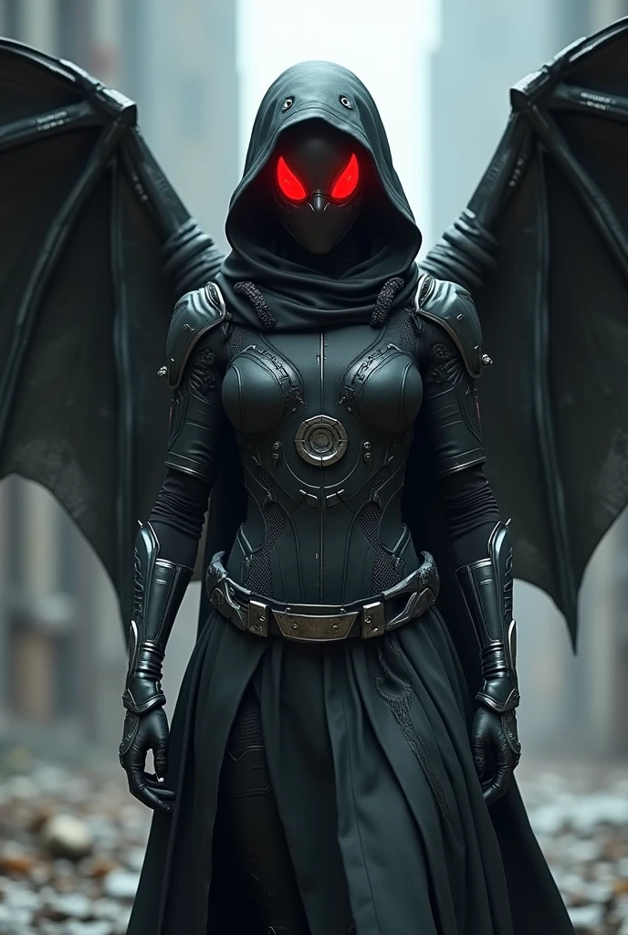  girl, a black and gunmetal grey combat suit with a cowl that covered her head and face, wearing half-moon goggles with illuminated red lenses. she has wings that were 30 feet wide, like a wyvern's wings
