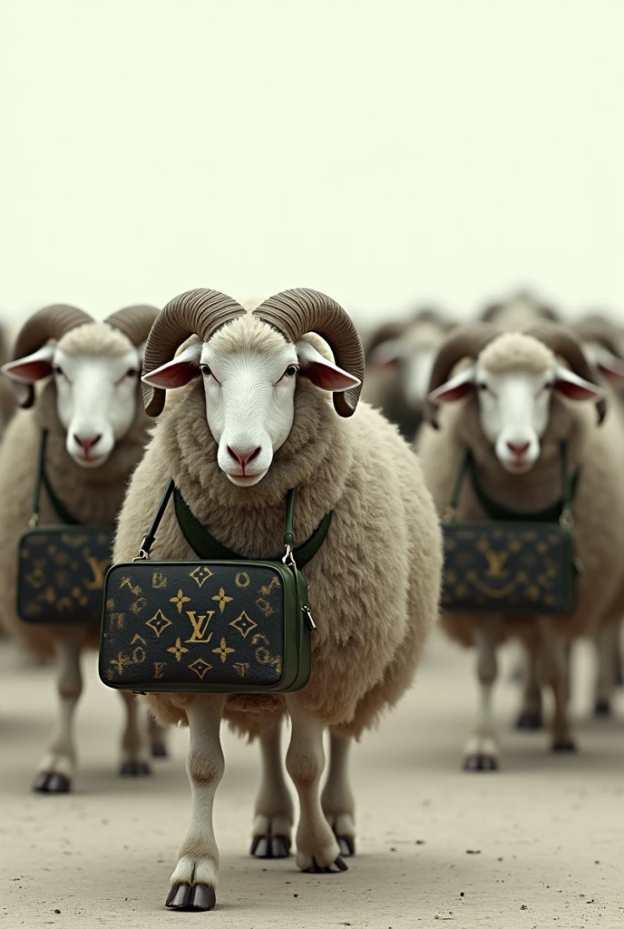 Military sheeps wearing bags with Louis Vuitton on it