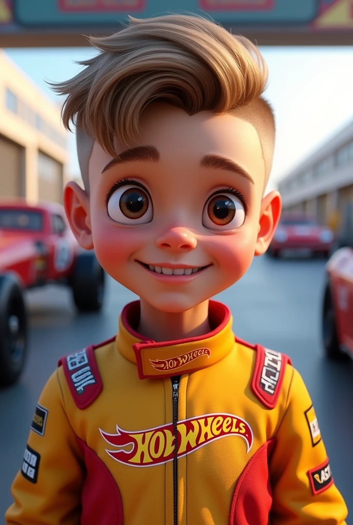 Create an image of a  boy, with beautiful face, big brown eyes, hair shaved on the sides and short on top, light brown color, beautiful smile with semi-thin lips, hotweels racing racer dress with a logo that says "lucas protagonist" 