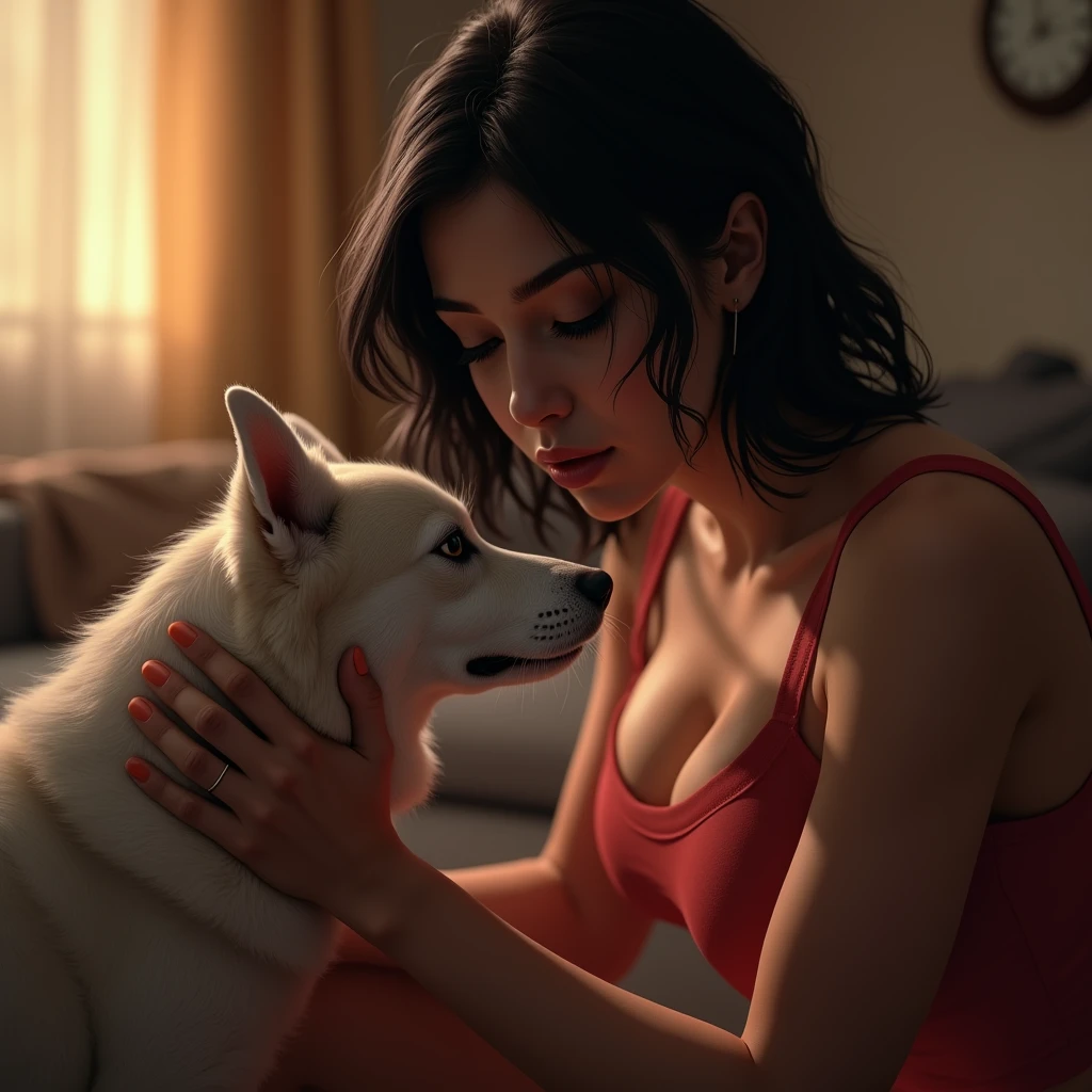 a young blackheaded woman, perfect curves, big booty, yoga in living room, making the dog, tight sportswear, detailed face and body, beautiful detailed eyes, beautiful detailed lips, extremely detailed eyes and face, long eyelashes, (best quality,4k,8k,highres,masterpiece:1.2),ultra-detailed,(realistic,photorealistic,photo-realistic:1.37),HDR,UHD,studio lighting,ultra-fine painting,sharp focus,physically-based rendering,extreme detail description,professional,vivid colors,bokeh,portrait,photography,warm color tones,natural lighting