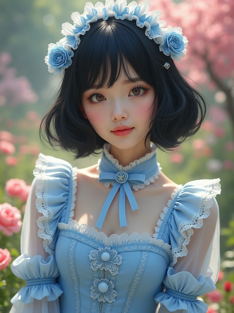 An 8K, ultra-high-resolution, photo-realistic image of a 20-year-old Japanese woman wearing sweet Lolita fashion. She has a black bob haircut and brown eyes. The outfit is in light blue with abundant lace and frills. The full-body view should capture every intricate detail of her clothing, emphasizing the texture and design. The background features a garden in full bloom, adding a vibrant and enchanting atmosphere to the scene."