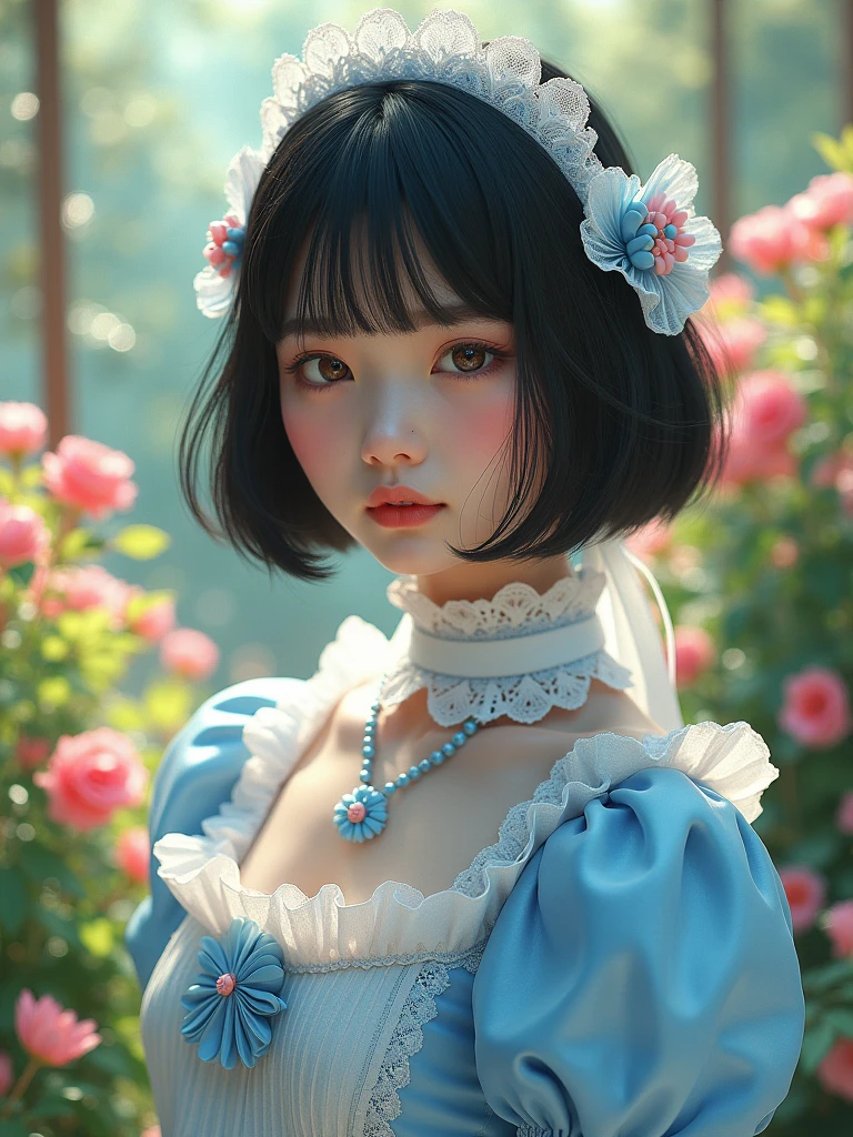 An 8K, ultra-high-resolution, photo-realistic image of a 20-year-old Japanese woman wearing sweet Lolita fashion. She has a black bob haircut and brown eyes. The outfit is in light blue with abundant lace and frills. The full-body view should capture every intricate detail of her clothing, emphasizing the texture and design. The background features a garden in full bloom, adding a vibrant and enchanting atmosphere to the scene."