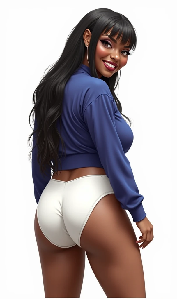 (masterpiece, best quality)), ((((perfect anatomy)))), Heavyset black woman with long black hair, dark eyeshadow, dark red lipstick, blue sweater, (((big white cotton panties))), big booty, smiling, (((realistic art style)))