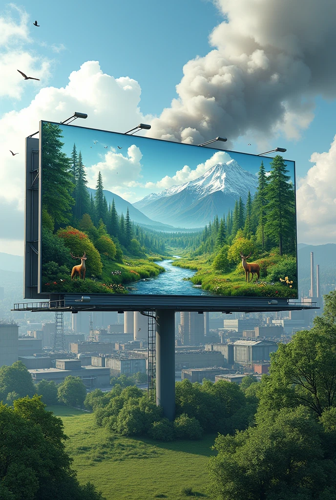 A billboard showing a clean natural environment, placed in the middle of a city with polluted air and factories in the background.