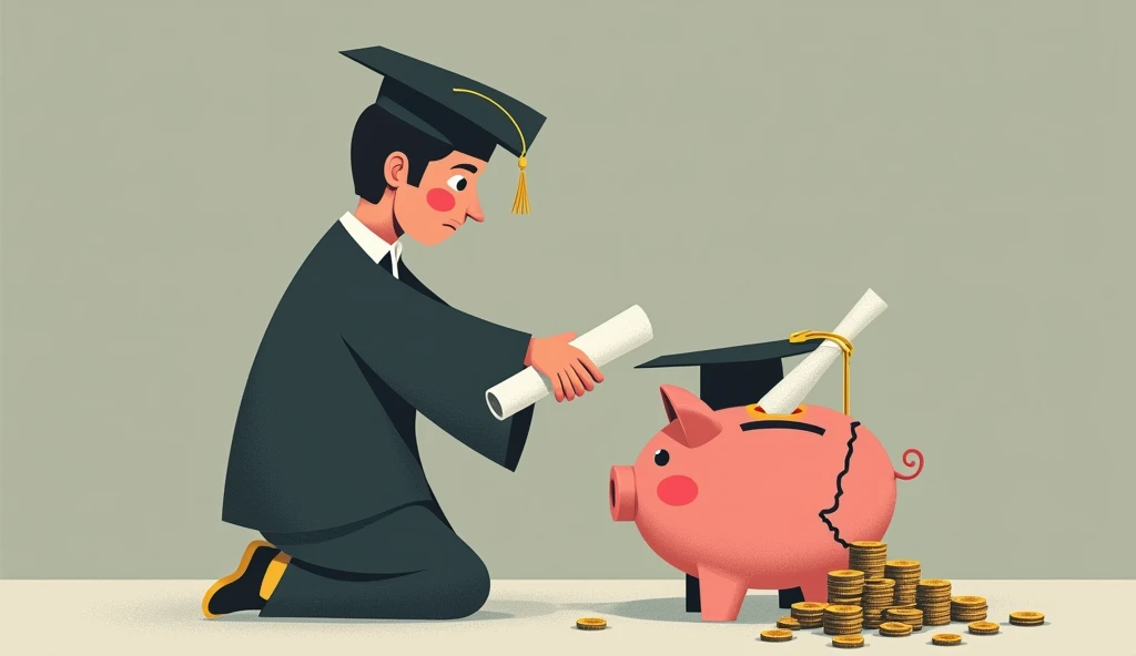 "College as an investment gone wrong"
A young graduate placing their diploma into a piggy bank, but the bank has cracks, and coins labeled "low-wage jobs" are spilling out, symbolizing the lack of financial return from education.
