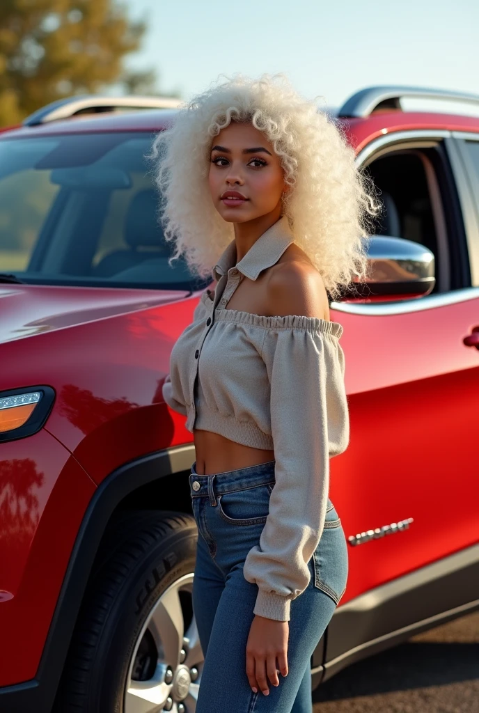 Young white curly hair version next to a red 2016 Jeep Cherokee