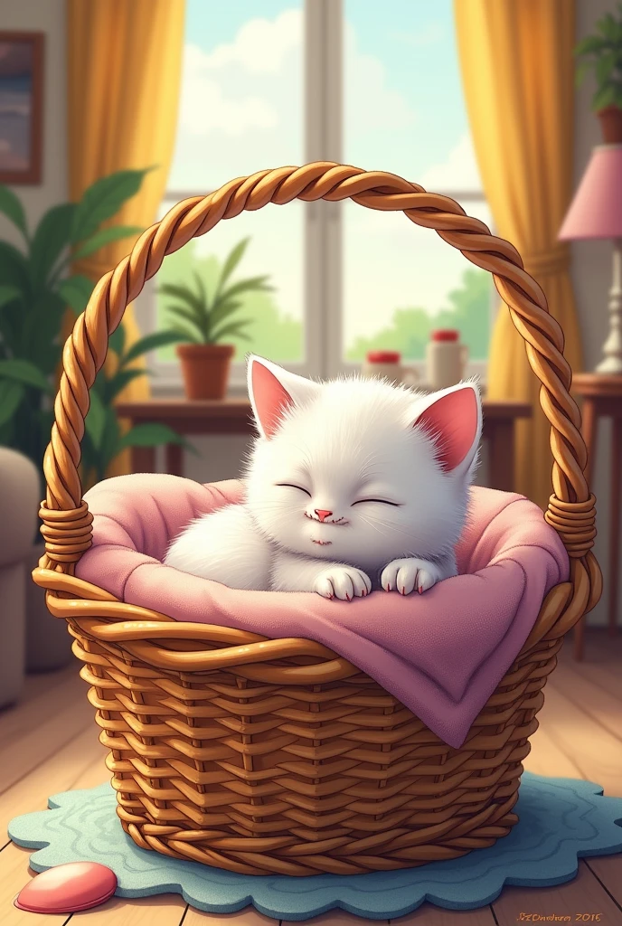 Un petit chaton tout blanc avec les yeux fermés. Un petit museau rose dans un joli panier en osier ayant un coussin étant en train de dormir ayant leur paisible dans un style graphique. Bande dessinée 2D le panier doit sembler être à l'intérieur d'une maison les traits de crayon doivent être perceptibles et les couleurs plutôt vives le panier et la maison doivent être aussi. Dessinés dans un style bande dessinée