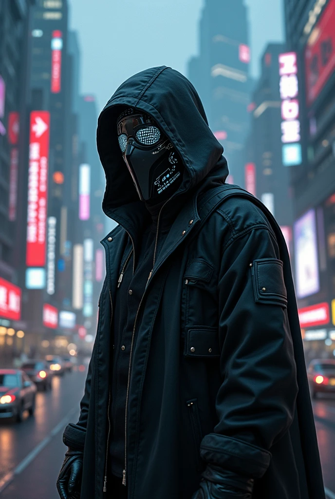 A realistic cypherpunk character standing in front of a sprawling futuristic city at night. The character is wearing a dark, high-tech hooded cloak that obscures part of their face, giving them a mysterious and enigmatic appearance. The cloak is made of advanced materials with subtle glowing lines and circuits. Their face is covered by a sleek, hightech creepy mask with glowing digital parts. The city in the background is filled with towering skyscrapers, neon lights, and holographic advertisements, reflecting a cyberpunk aesthetic. The streets below are bustling with activity, featuring flying cars and pedestrians, while the sky is filled with drones and digital billboards. The overall atmosphere is dark, moody, and intense, highlighting the character's role in this high-tech dystopian world.
