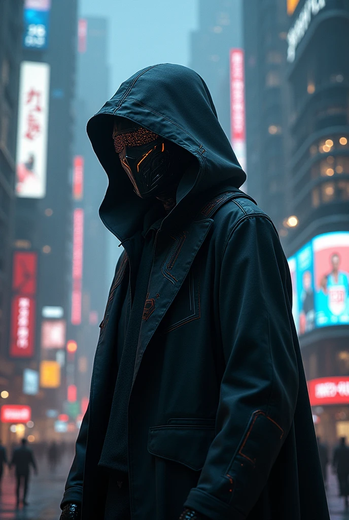 A realistic cypherpunk character standing in front of a sprawling futuristic city at night. The character is wearing a dark, high-tech hooded cloak that obscures part of their face, giving them a mysterious and enigmatic appearance. The cloak is made of advanced materials with subtle glowing lines and circuits. Their face is covered by a sleek, hightech creepy mask with glowing digital parts. The city in the background is filled with towering skyscrapers, neon lights, and holographic advertisements, reflecting a cyberpunk aesthetic. The streets below are bustling with activity, featuring flying cars and pedestrians, while the sky is filled with drones and digital billboards. The overall atmosphere is dark, moody, and intense, highlighting the character's role in this high-tech dystopian world.